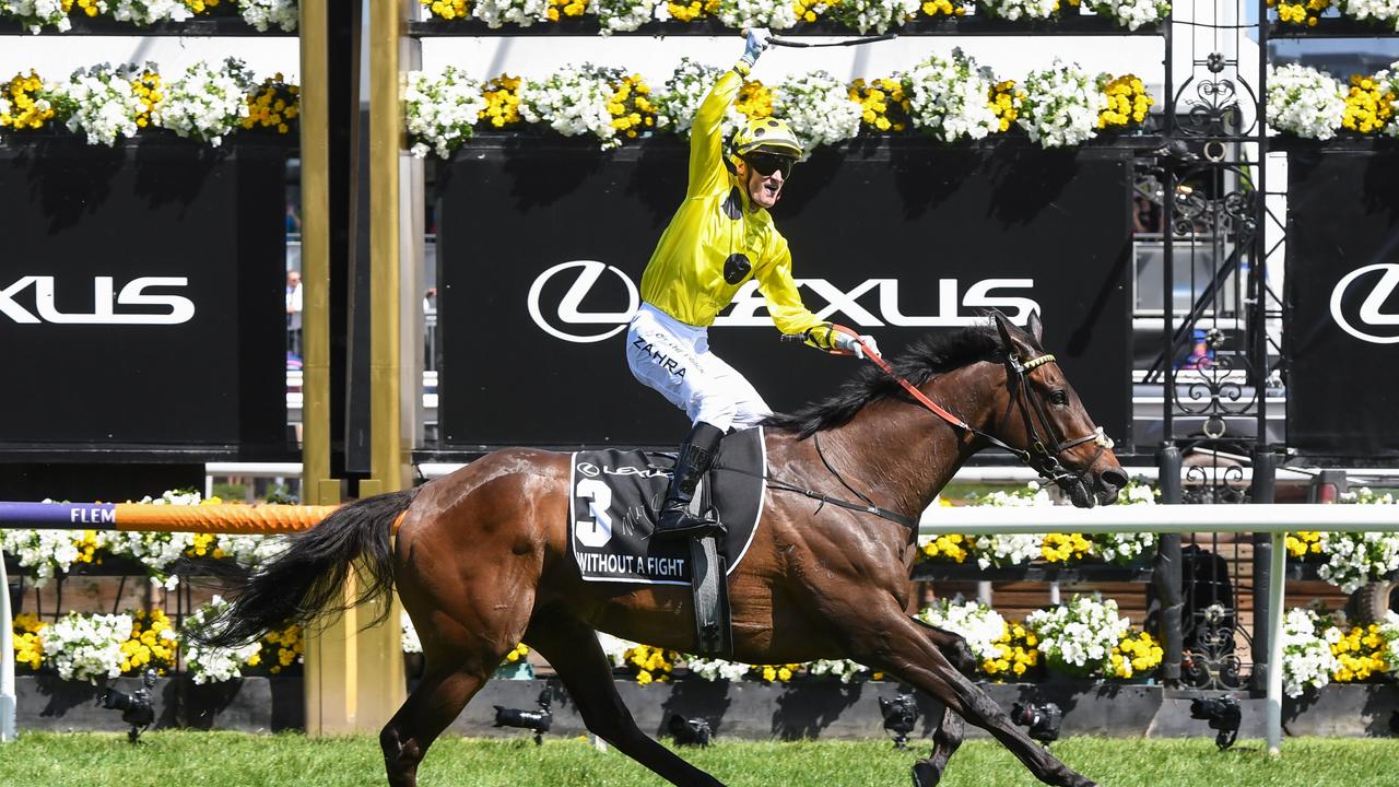 Without A Fight ridden by Mark Zahra wins the Melbourne Cup. Picture:Brett Holburt/Getty Images