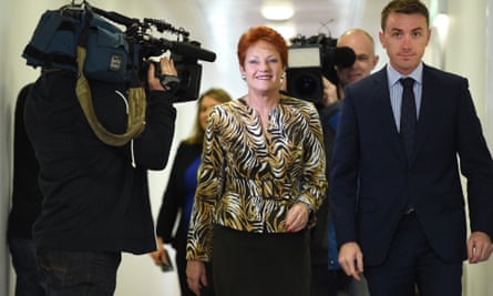 Senator Pauline Hanson with James Ashby at Parliament House in Canberra in September 2016.