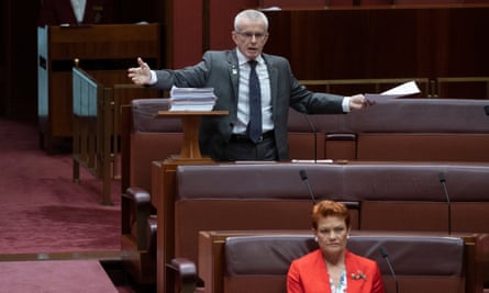 One Nation senator Malcolm Roberts (top) and Pauline Hanson in the Senate chamber of Parliament House in March 2021.